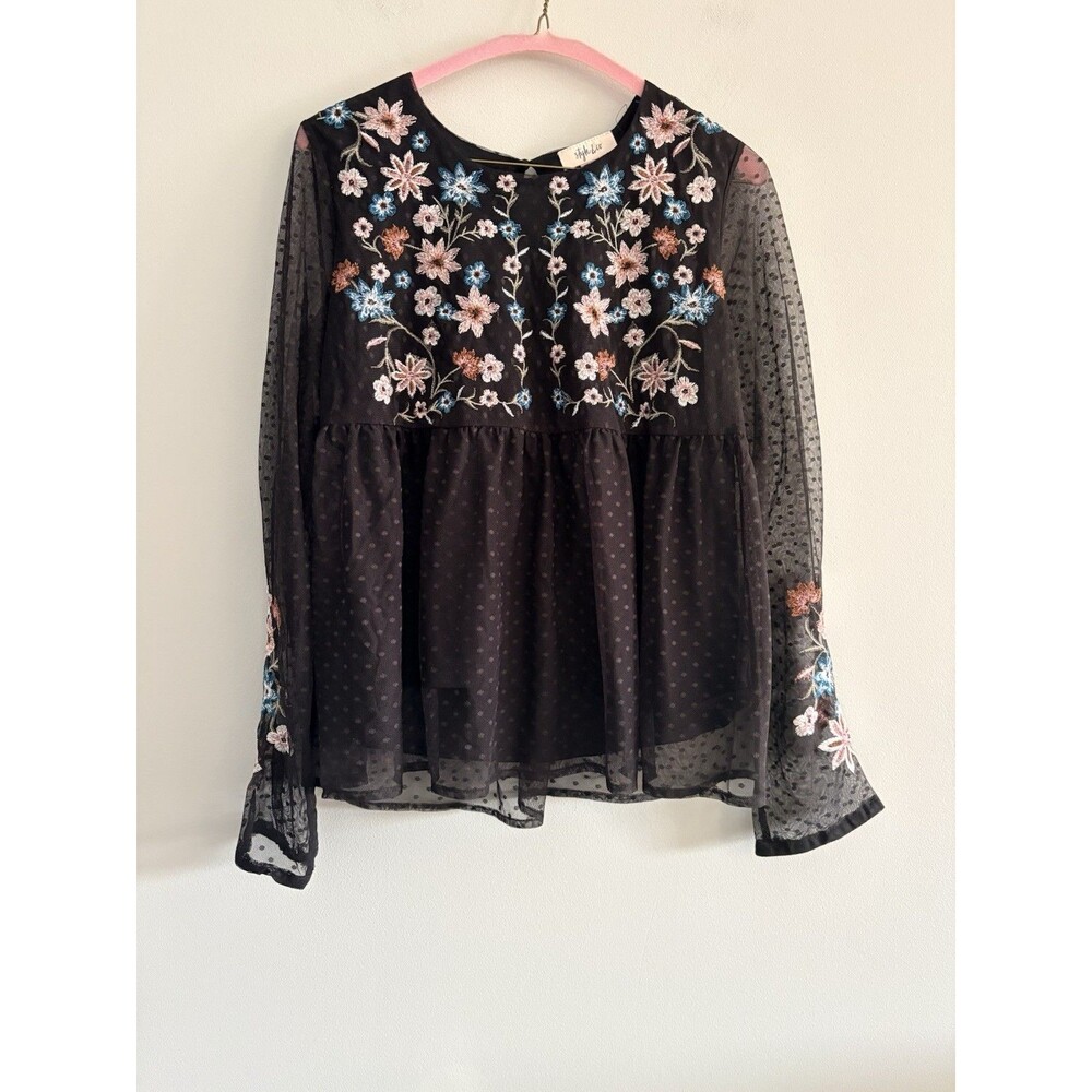 Style & Co Black Embroidered Floral Mesh Long Sleeve Top Women’s XS Boho Peasant